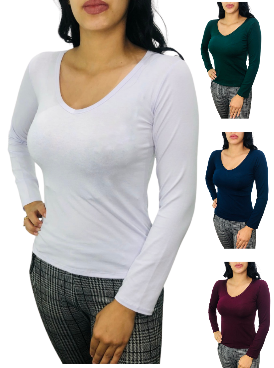 Blusa Básica Gola V Viscolycra Feminina