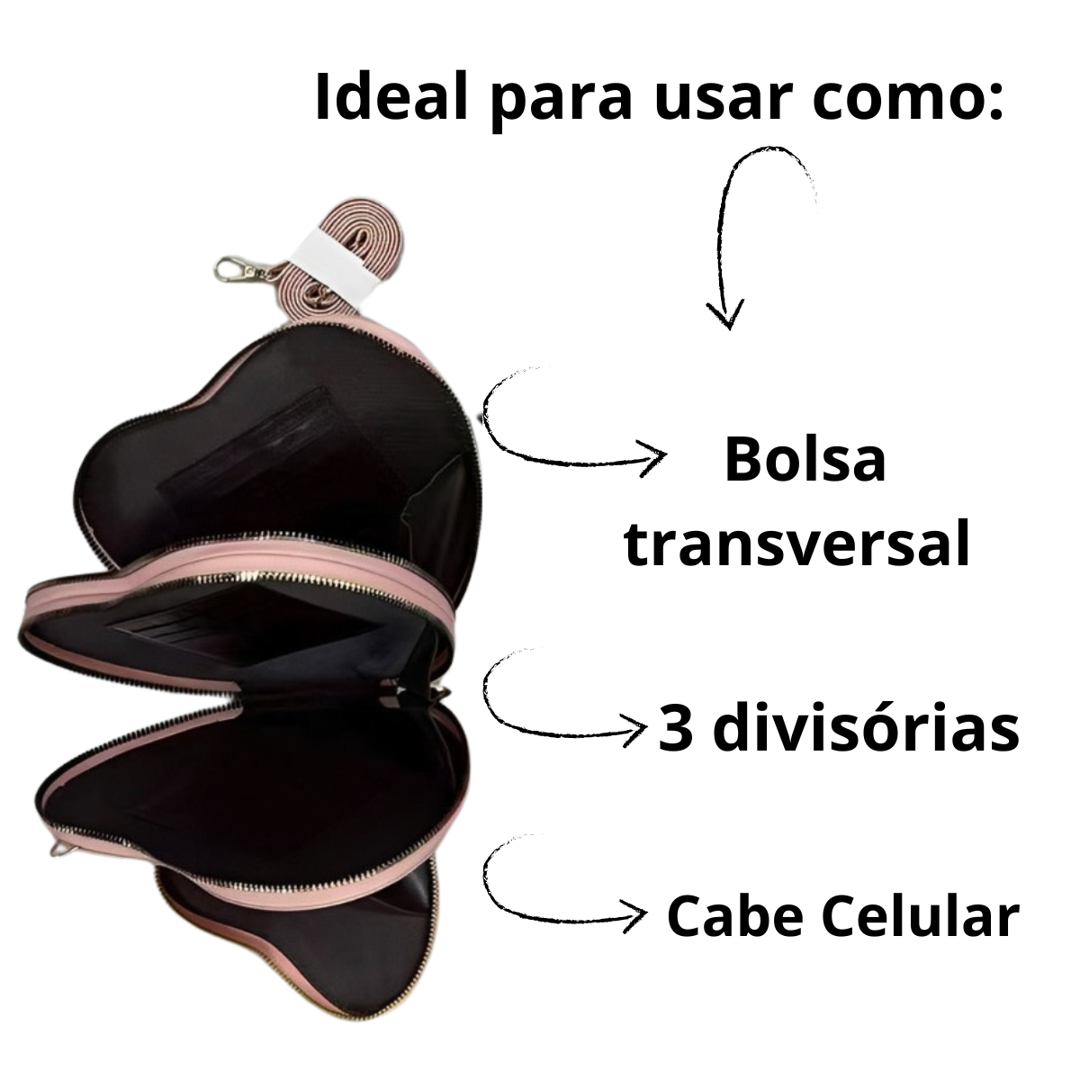 Bolsa Transversal 3 Divisórias Espaçosa Formato Coração Feminina Tendência